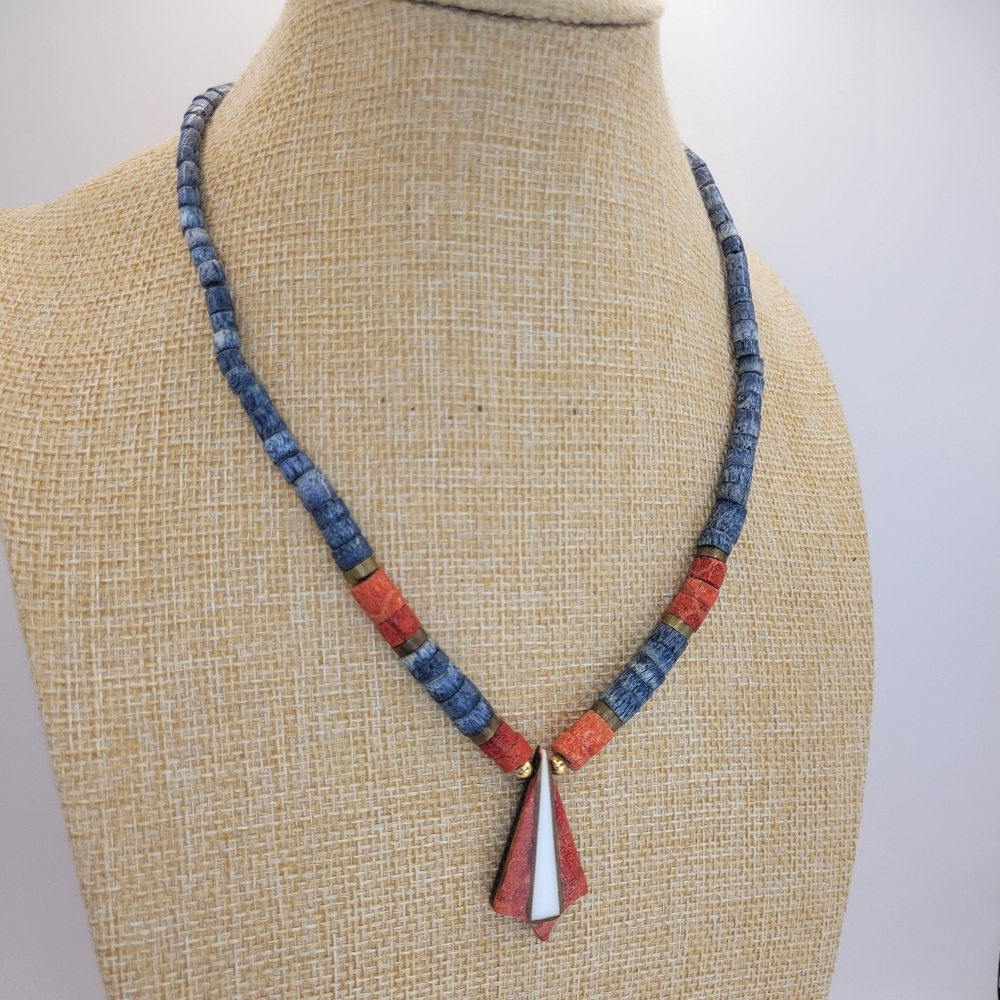 Vintage Artisan Crafted Southwestern Blue Red Heishi Bead Pendant Necklace